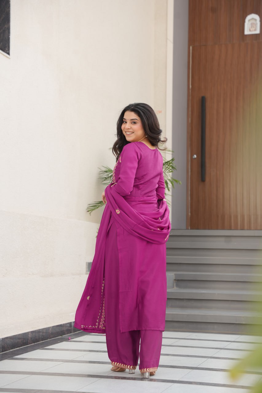 Wine Chinnon Silk Embroidered Top Pant Set