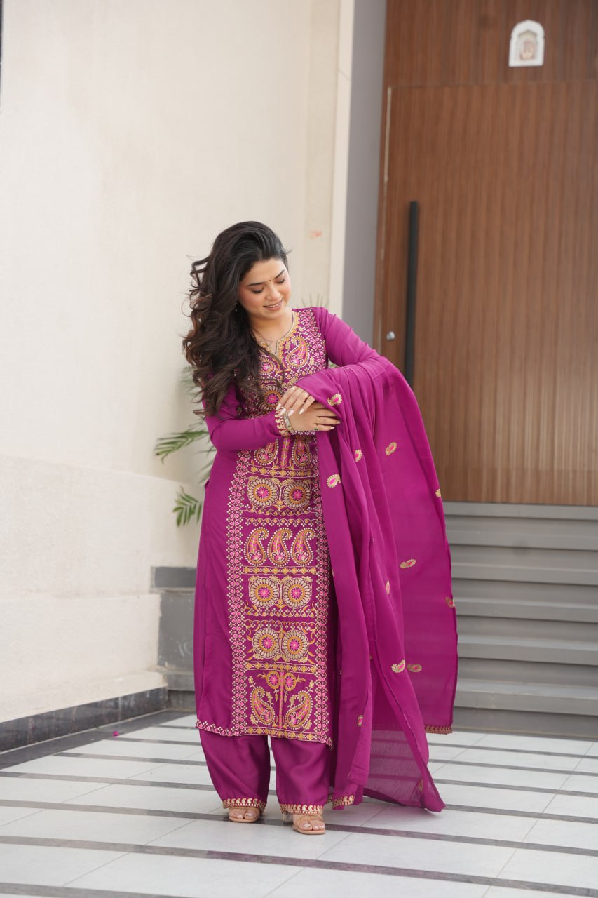 Wine Chinnon Silk Embroidered Top Pant Set