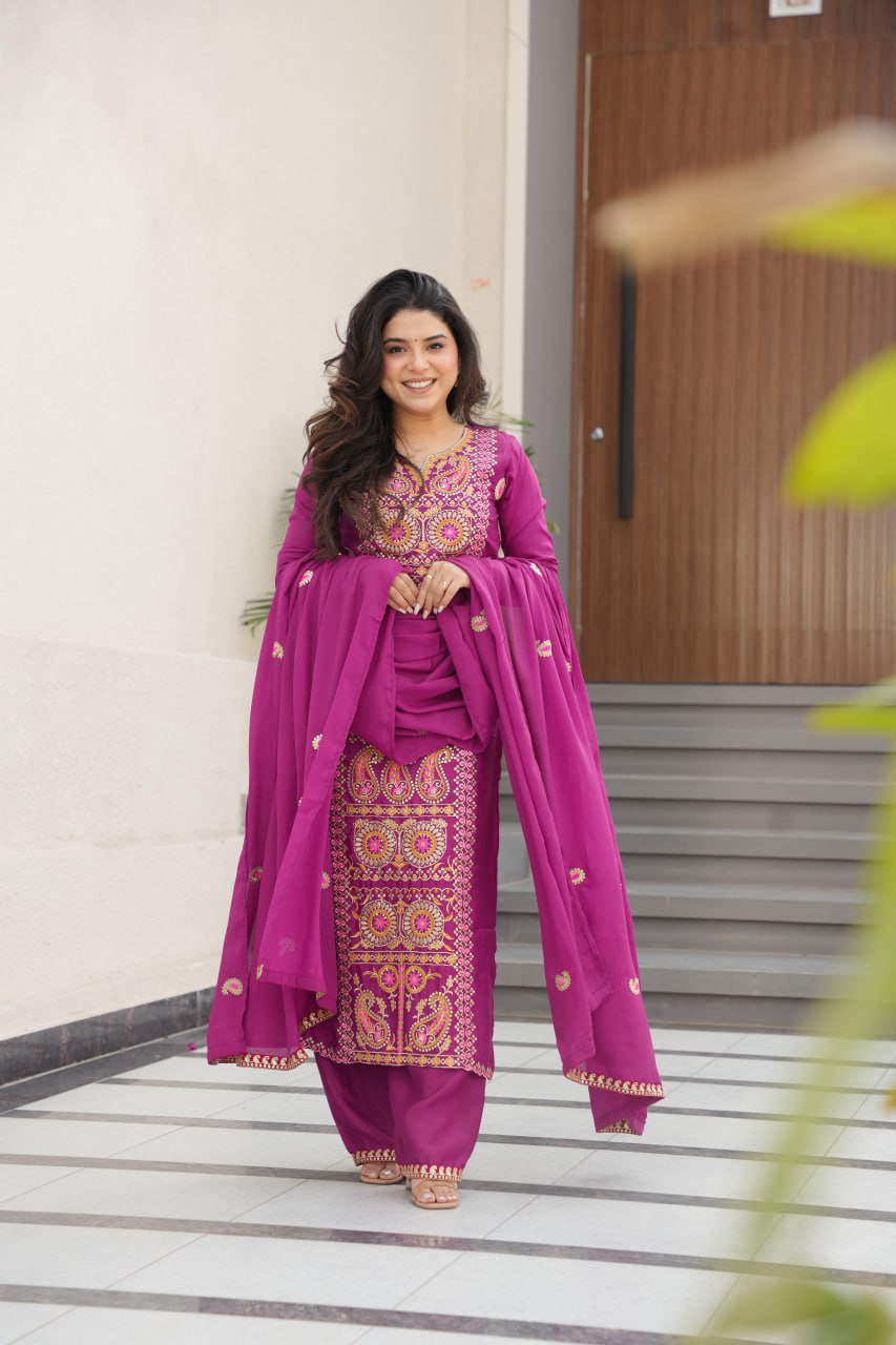 Wine Chinnon Silk Embroidered Top Pant Set
