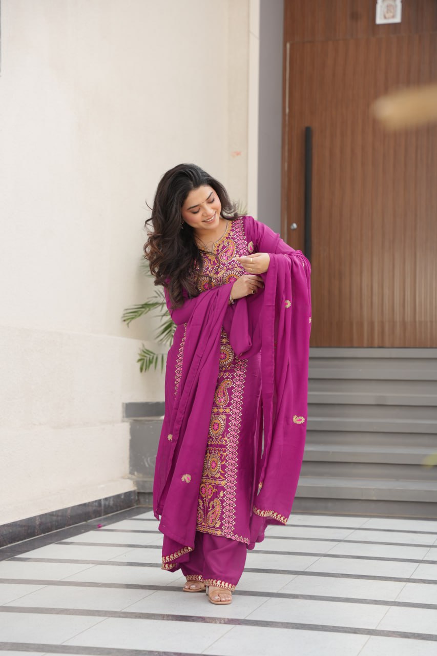 Wine Chinnon Silk Embroidered Top Pant Set