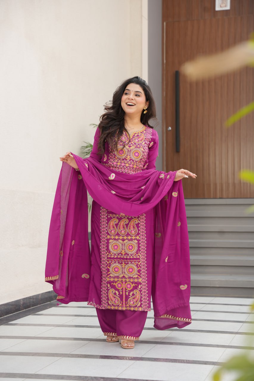 Wine Chinnon Silk Embroidered Top Pant Set