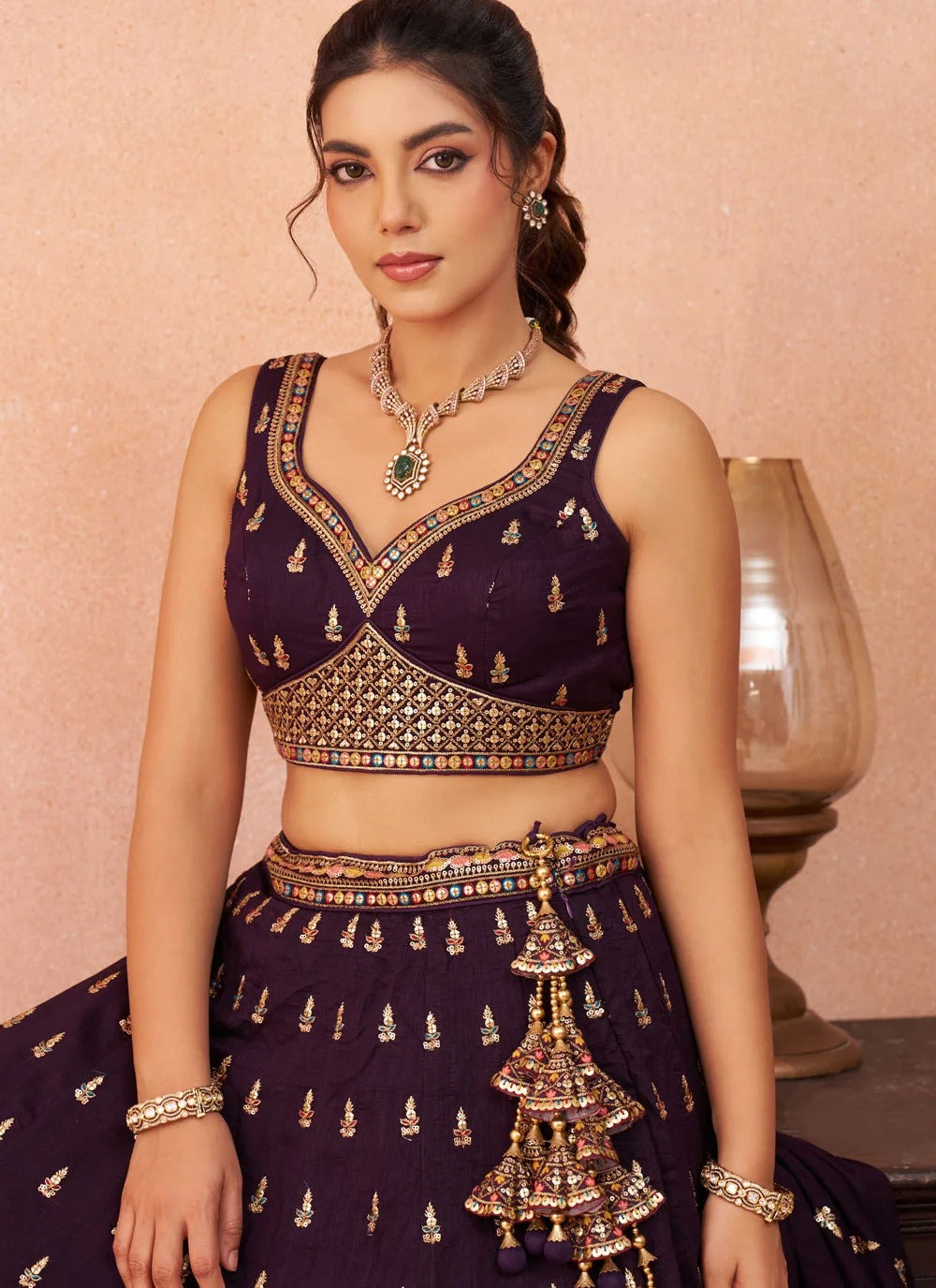 Purple chinnon silk lehenga with zari embroidery for wedding functions