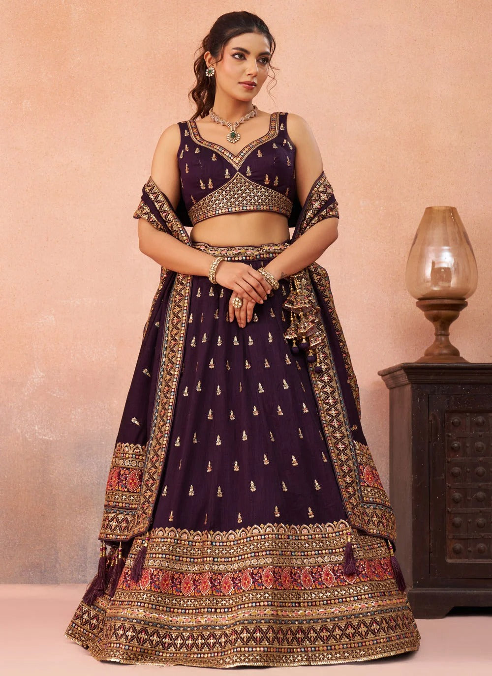 Purple chinnon silk lehenga with zari embroidery for wedding functions
