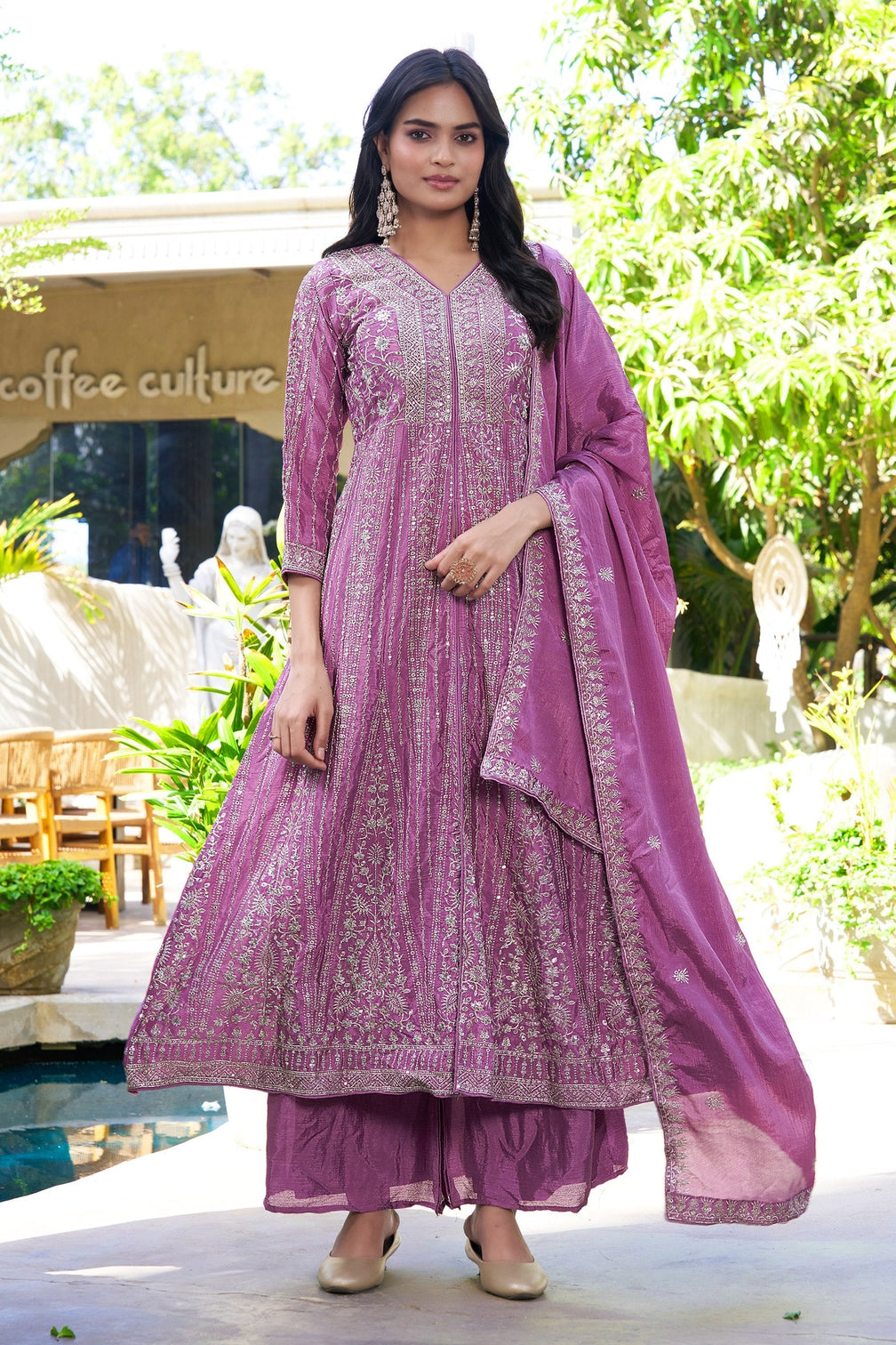 Purple Chinon Embroidered Gown Set