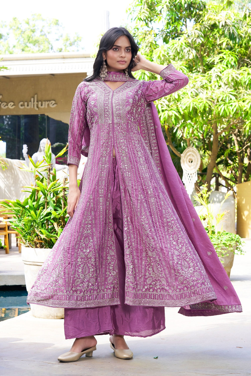 Purple Chinon Embroidered Gown Set