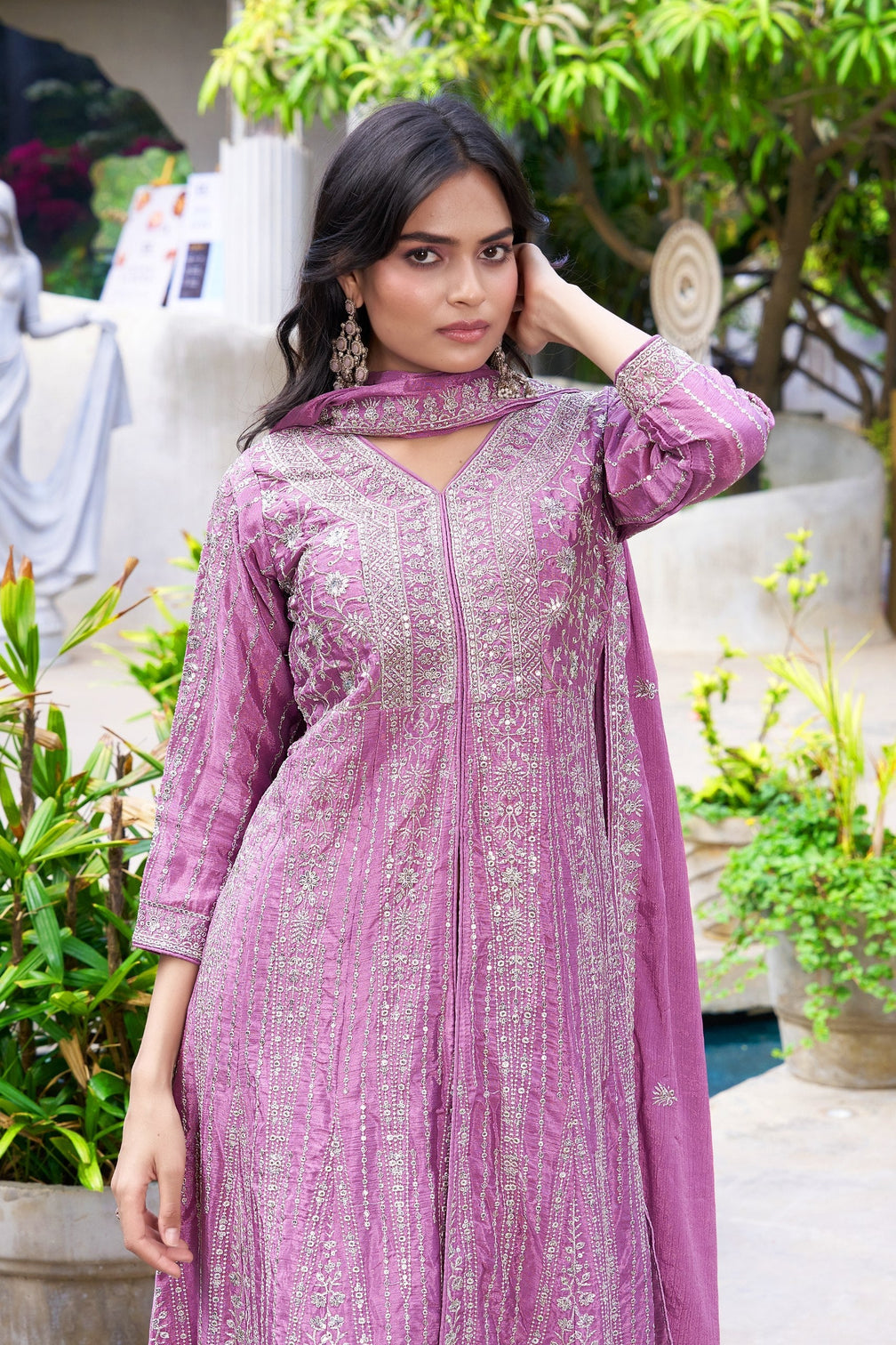 Purple Chinon Embroidered Gown Set