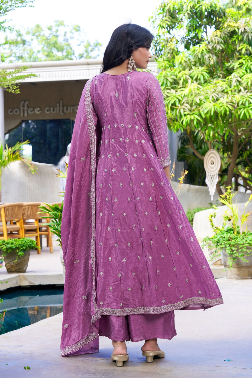 Purple Chinon Embroidered Gown Set