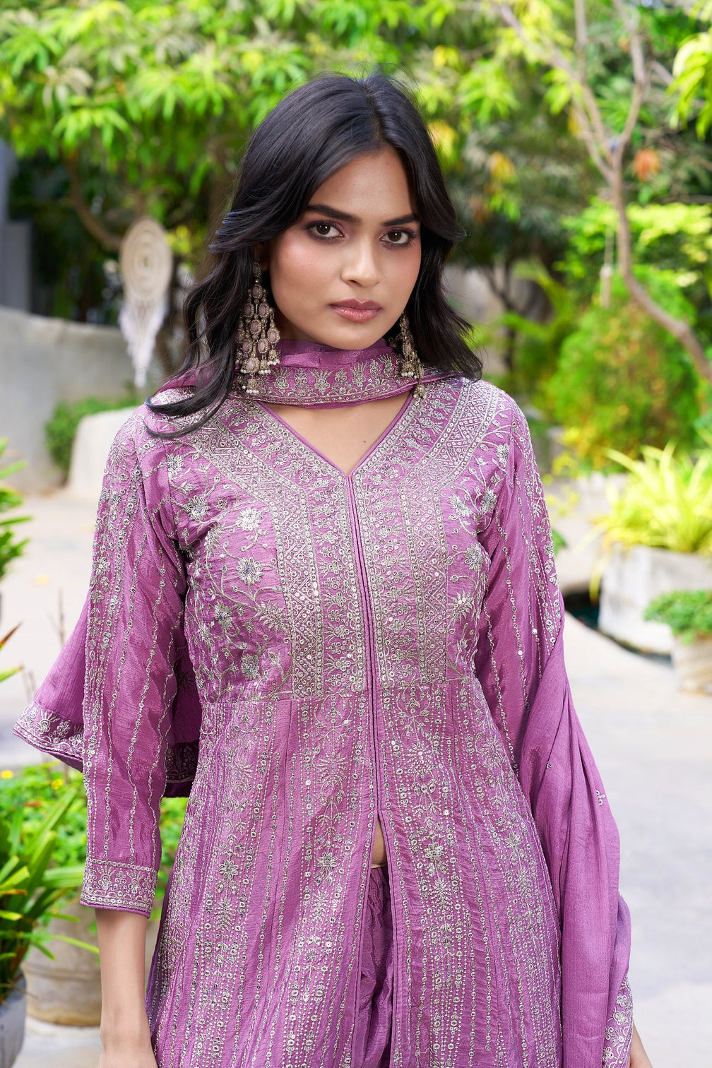 Purple Chinon Embroidered Gown Set