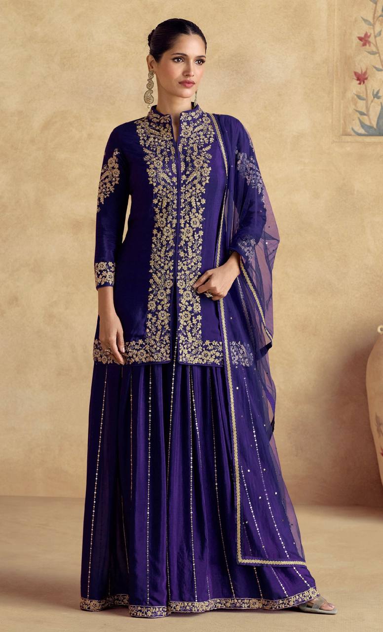 Purple Chinon Embroidered Suit Set with Dupatta – Fully Stitched 3-Piece Set