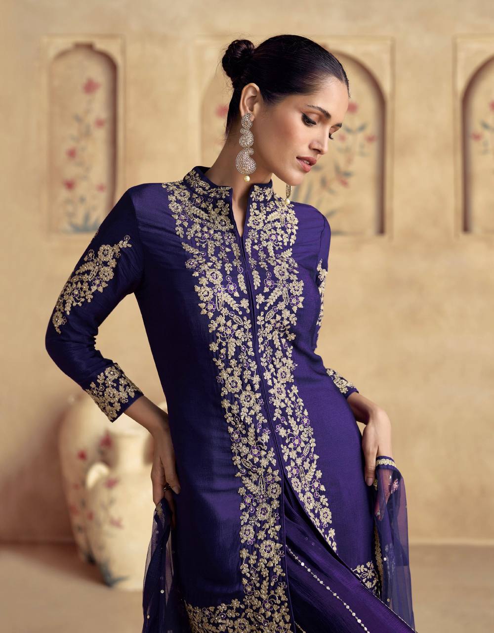 Purple Chinon Embroidered Suit Set with Dupatta – Fully Stitched 3-Piece Set