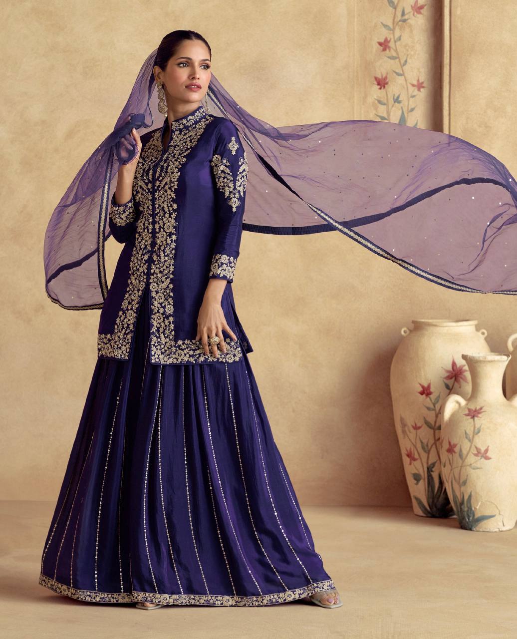 Purple Chinon Embroidered Suit Set with Dupatta – Fully Stitched 3-Piece Set