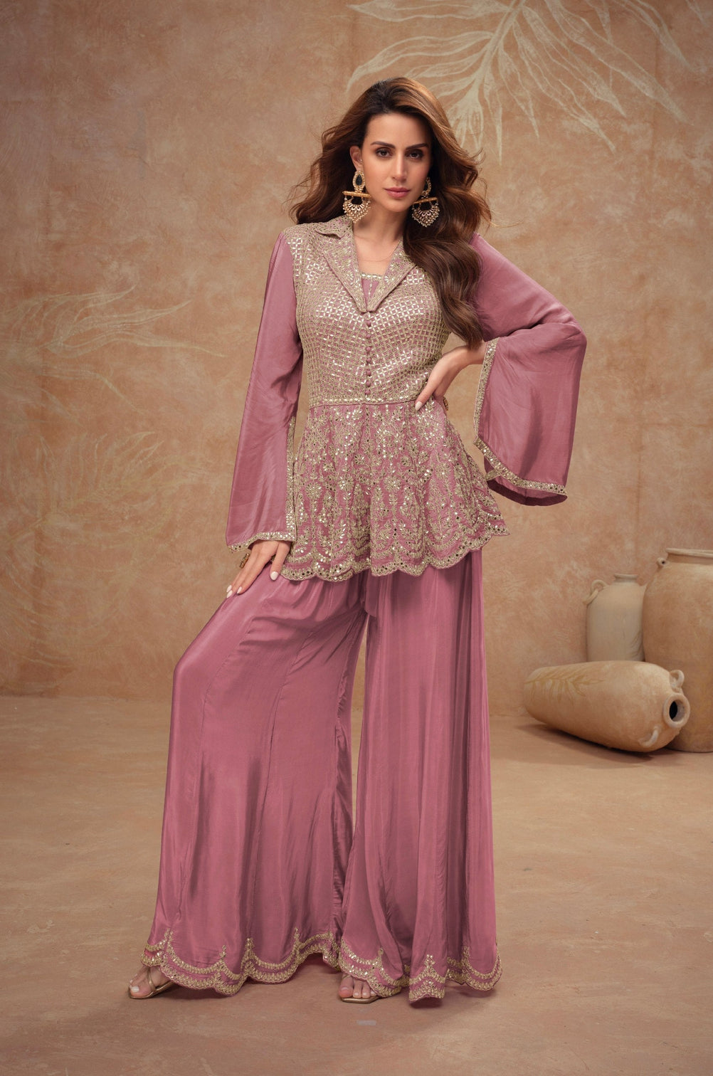 Purple Chinon Kurta Palazzo Set