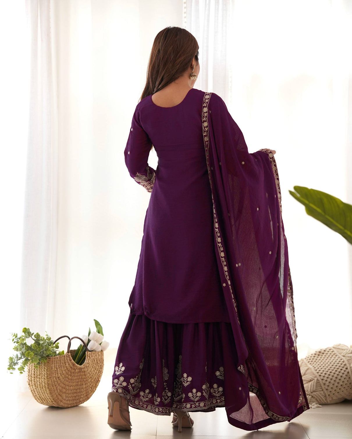 Purple Chinon Silk Designer Sharara Set