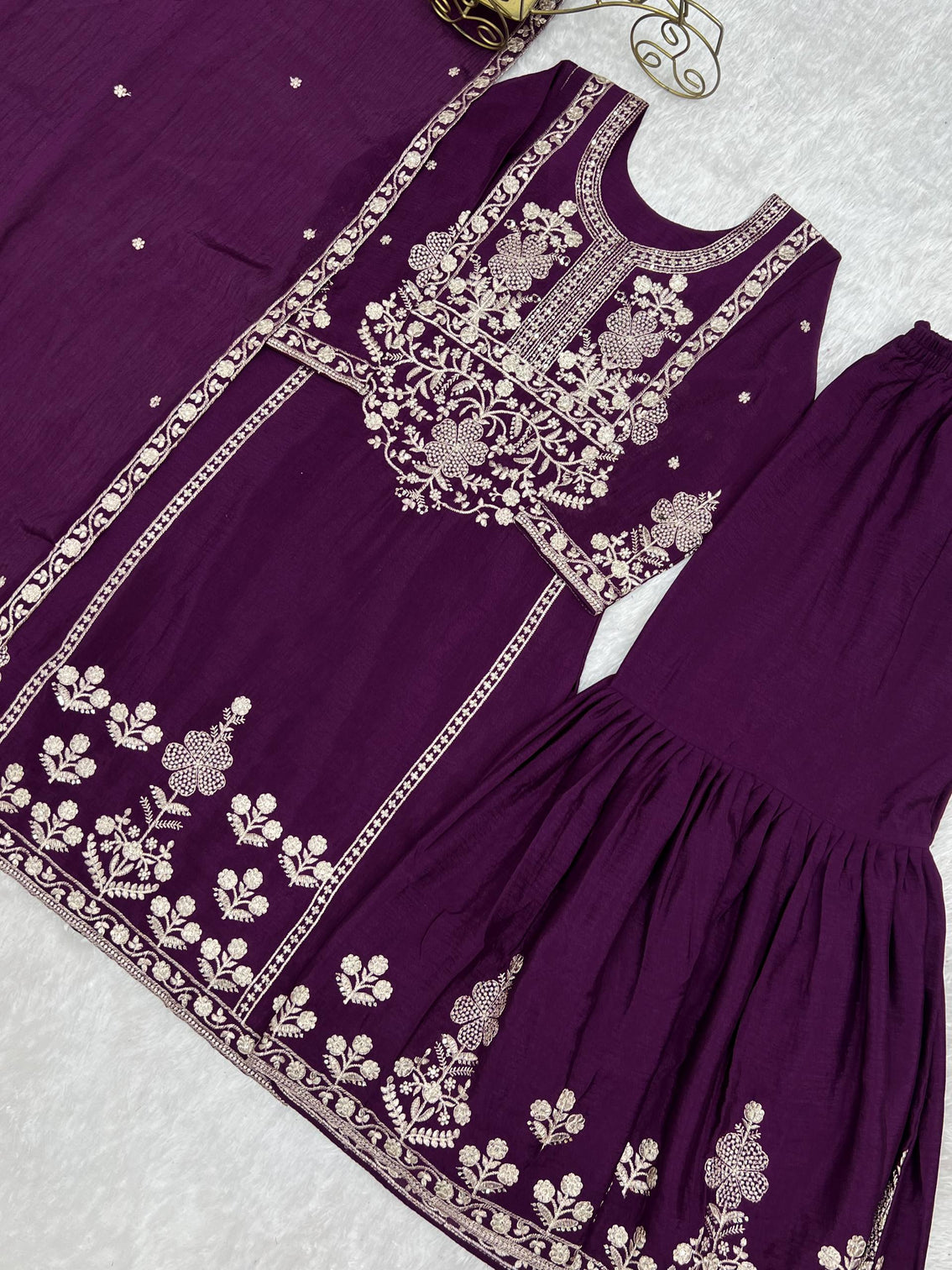 Purple Chinon Silk Designer Sharara Set