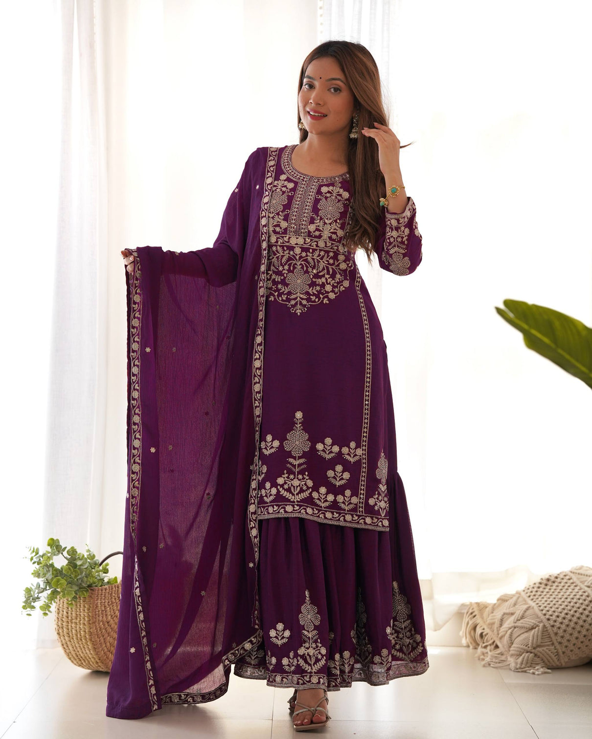 Purple Chinon Silk Designer Sharara Set