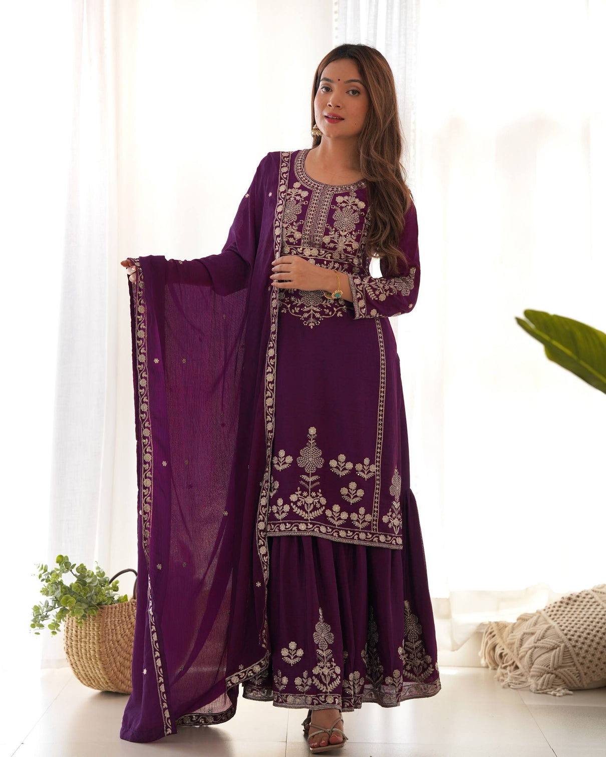 Purple Chinon Silk Designer Sharara Set