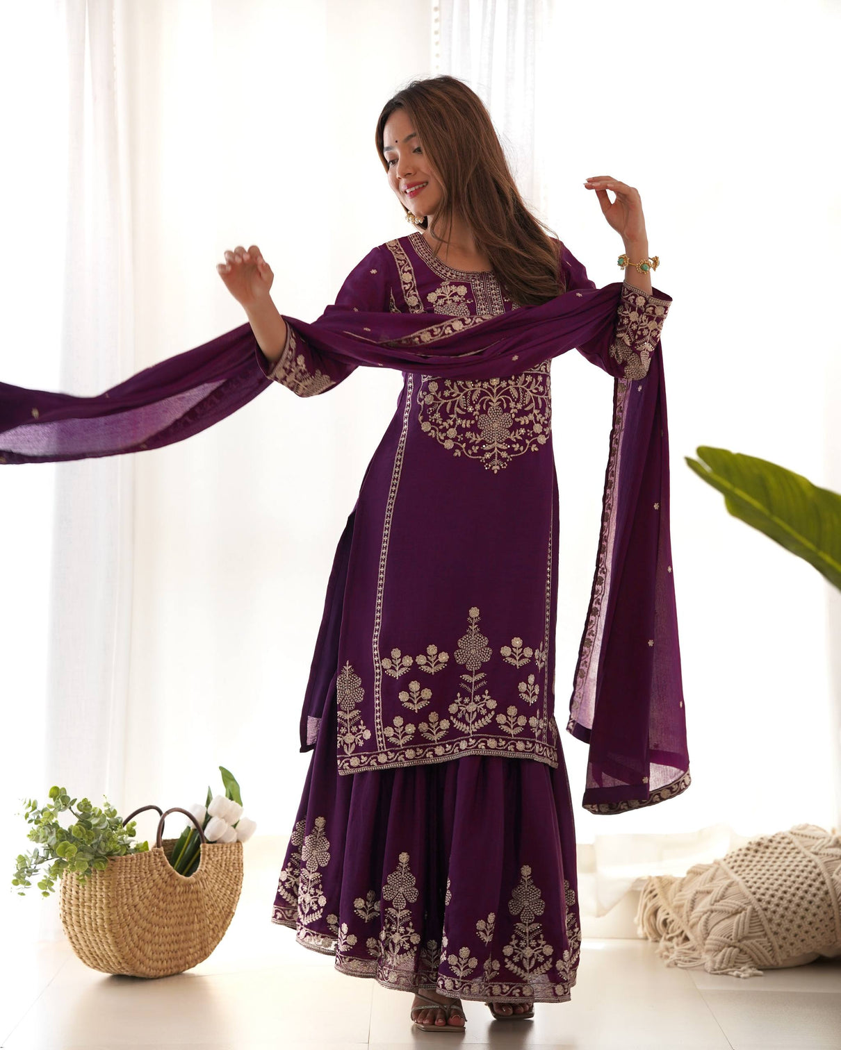 Purple Chinon Silk Designer Sharara Set