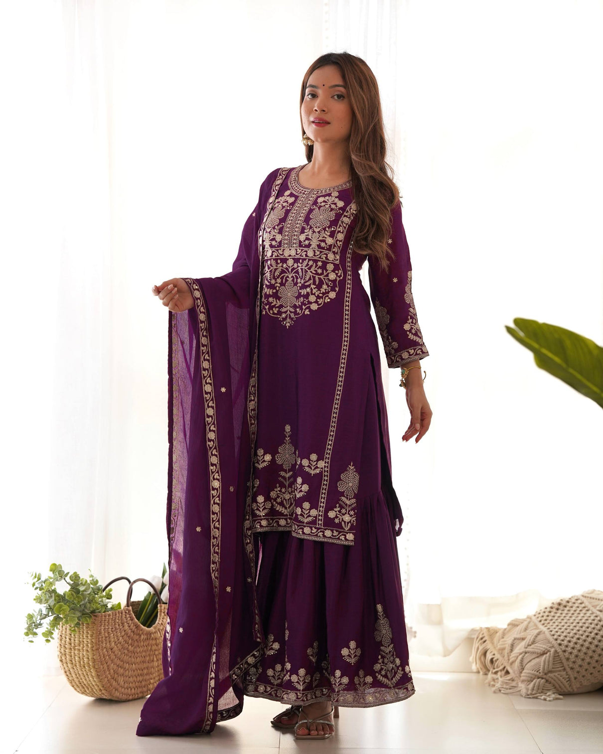 Purple Chinon Silk Designer Sharara Set