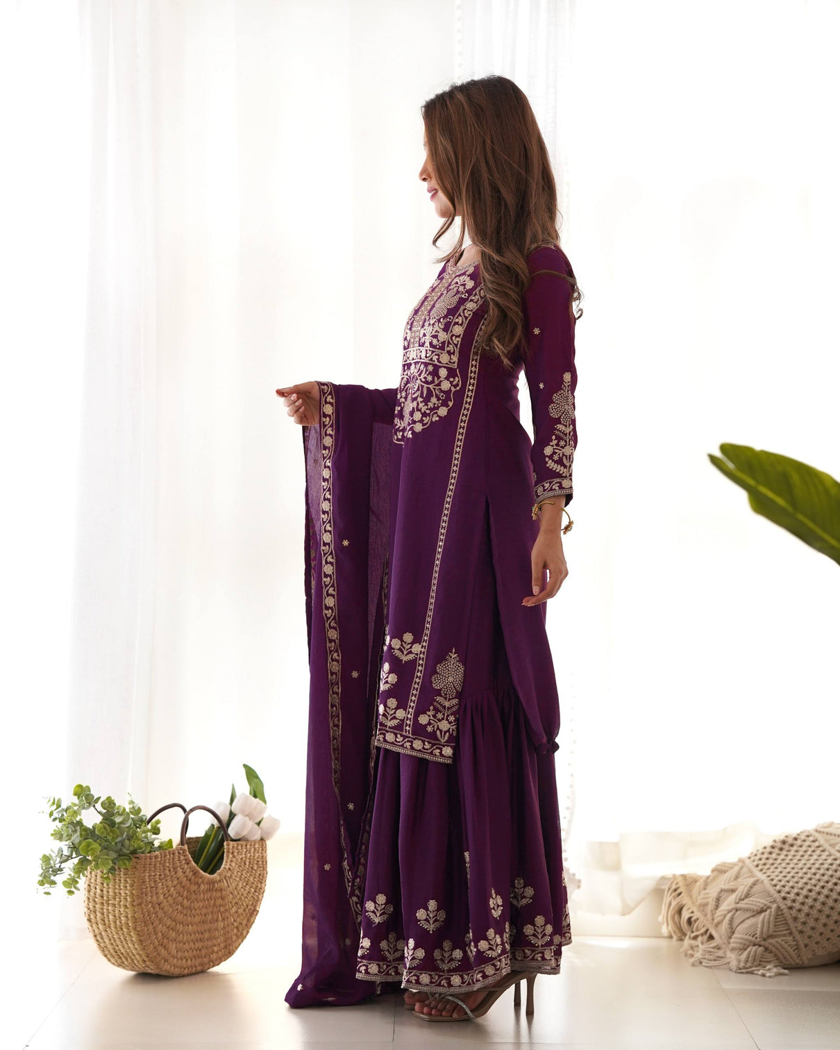 Purple Chinon Silk Designer Sharara Set