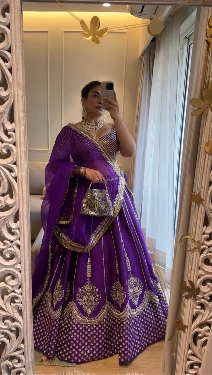 Purple Chinon Silk Embroidered Lehenga Choli Set with Sequins Work & Lace Border Dupatta