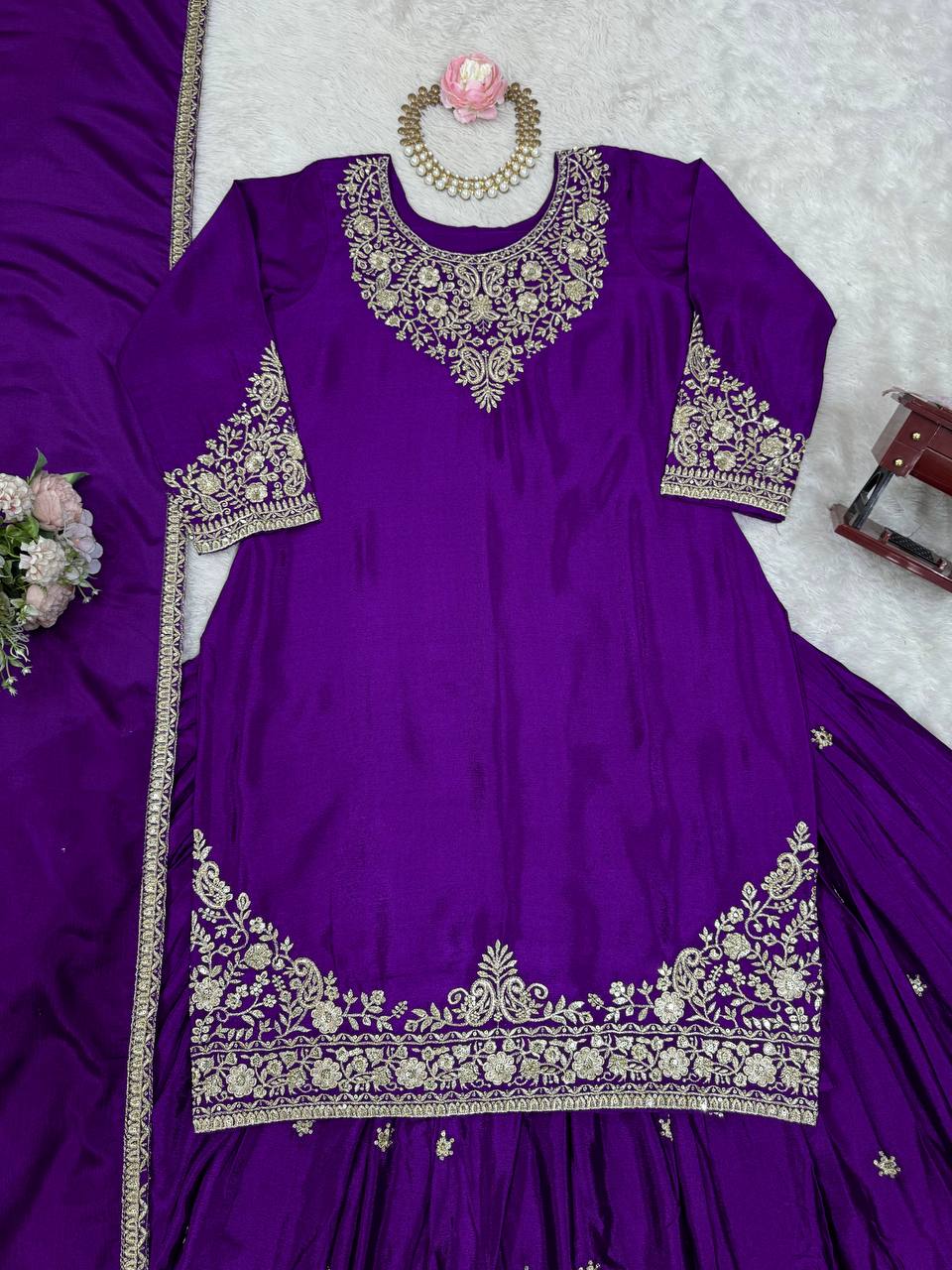 Purple Chinon Silk Lehenga Set with Sequin Work & Lace Border Dupatta  Full-Stitched Traditional Wear