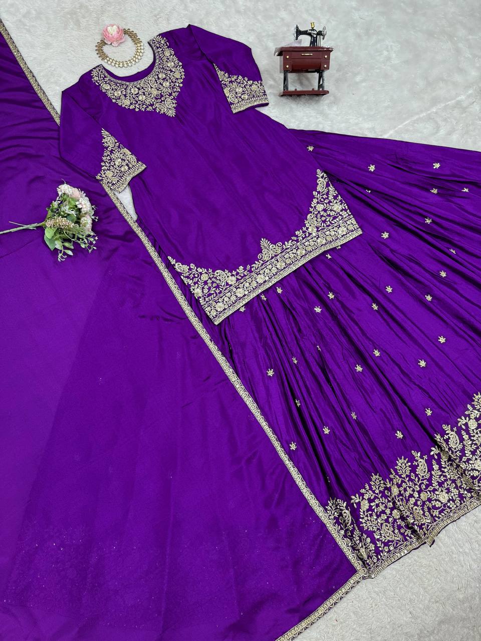 Purple Chinon Silk Lehenga Set with Sequin Work & Lace Border Dupatta  Full-Stitched Traditional Wear