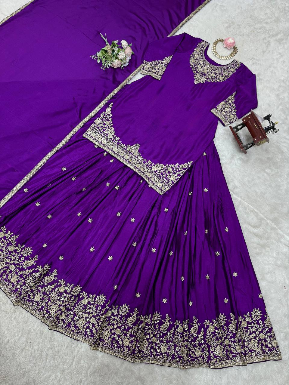 Purple Chinon Silk Lehenga Set with Sequin Work & Lace Border Dupatta  Full-Stitched Traditional Wear