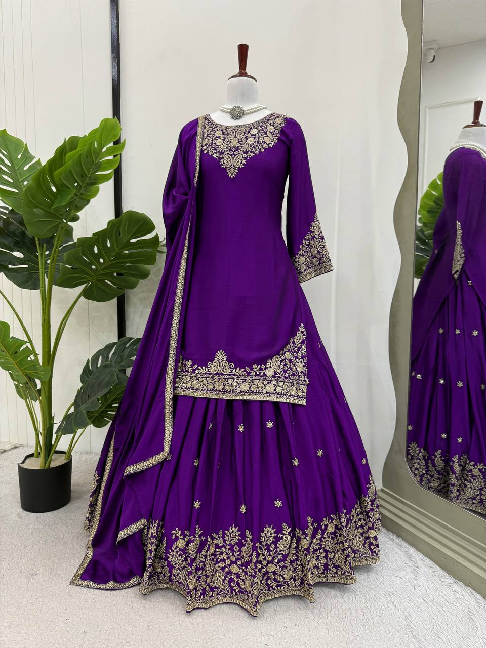 Purple Chinon Silk Lehenga Set with Sequin Work & Lace Border Dupatta  Full-Stitched Traditional Wear