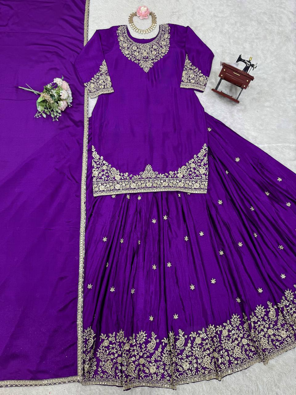 Purple Chinon Silk Lehenga Set with Sequin Work & Lace Border Dupatta  Full-Stitched Traditional Wear