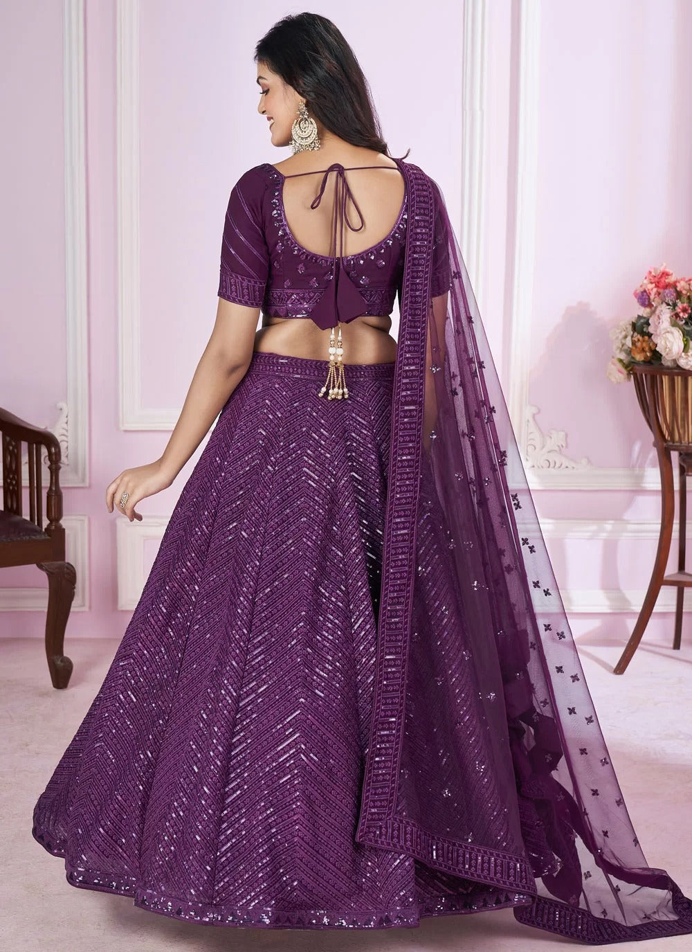 Luxury purple georgette side slit lehenga with sequins work for cocktail reception