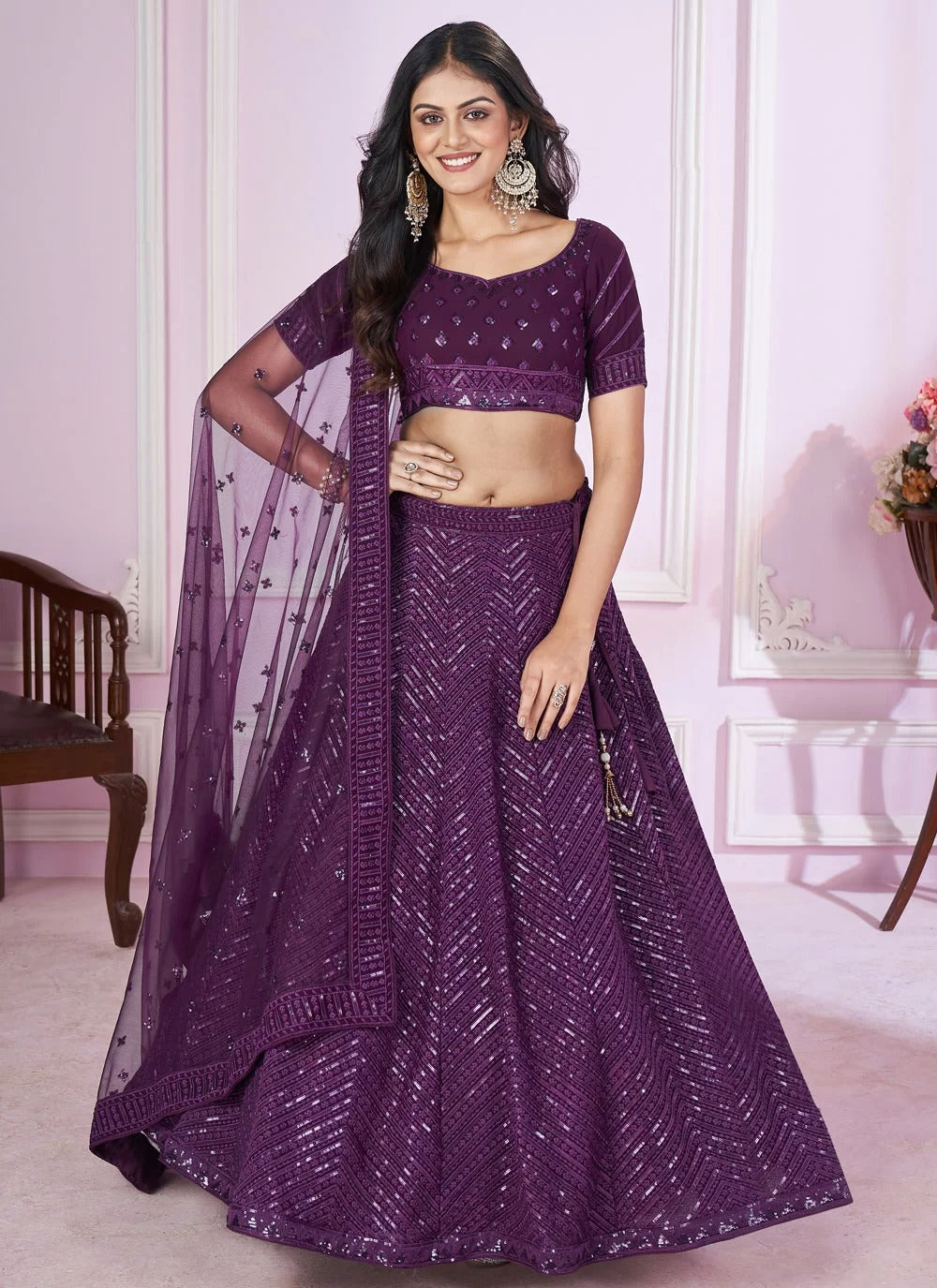 Luxury purple georgette side slit lehenga with sequins work for cocktail reception