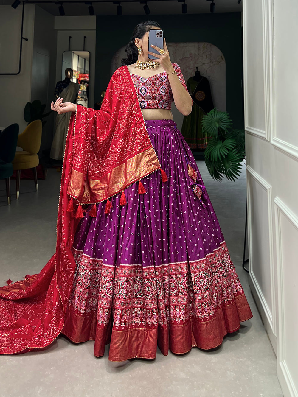 Purple Color Bandhani And Ajrakh Print With Foil Work  Dola Silk Chaniya Choli