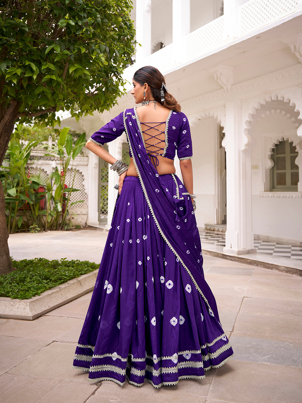Purple chanderi bandhej print chaniya choli with lace work 6 meter flair