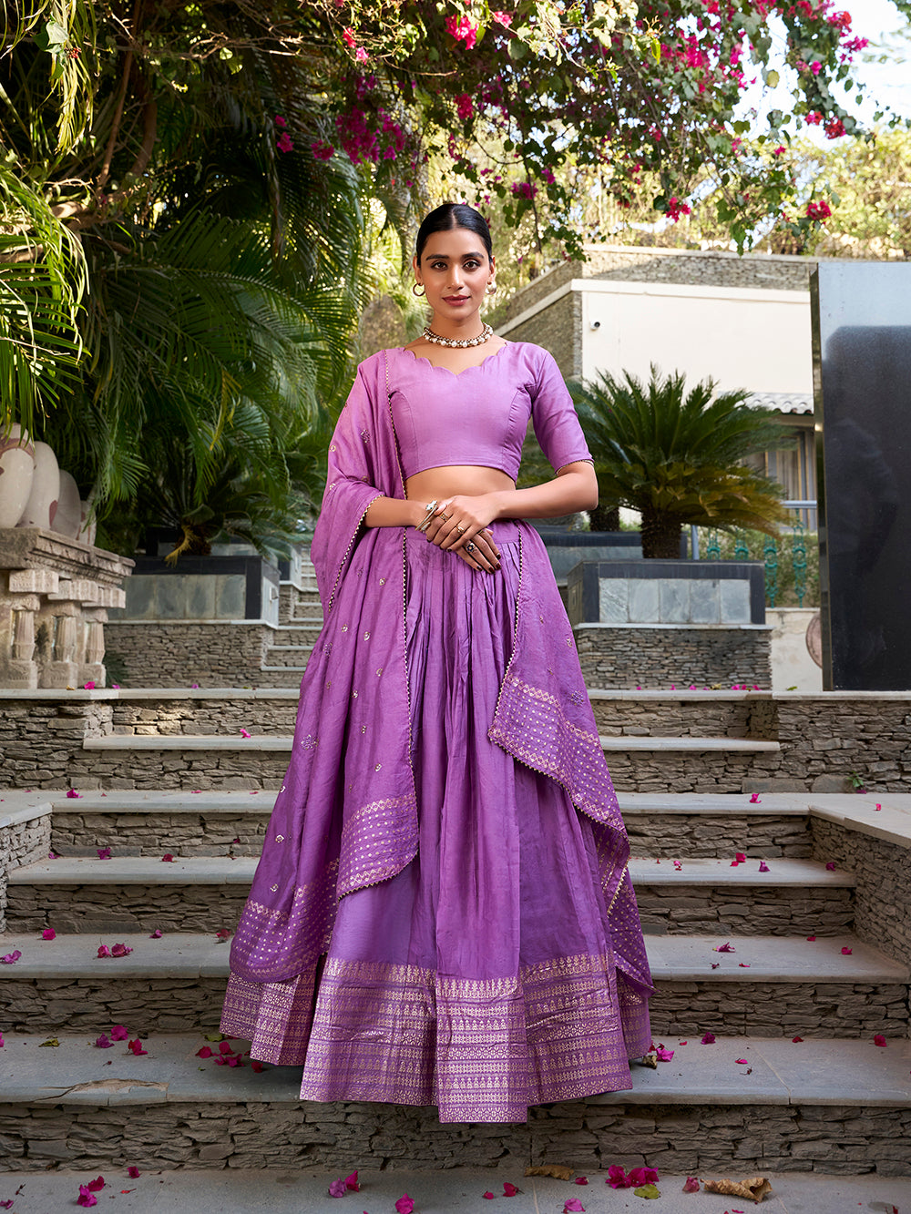 Purple chanderi silk lehenga choli with zari weaving matching dupatta