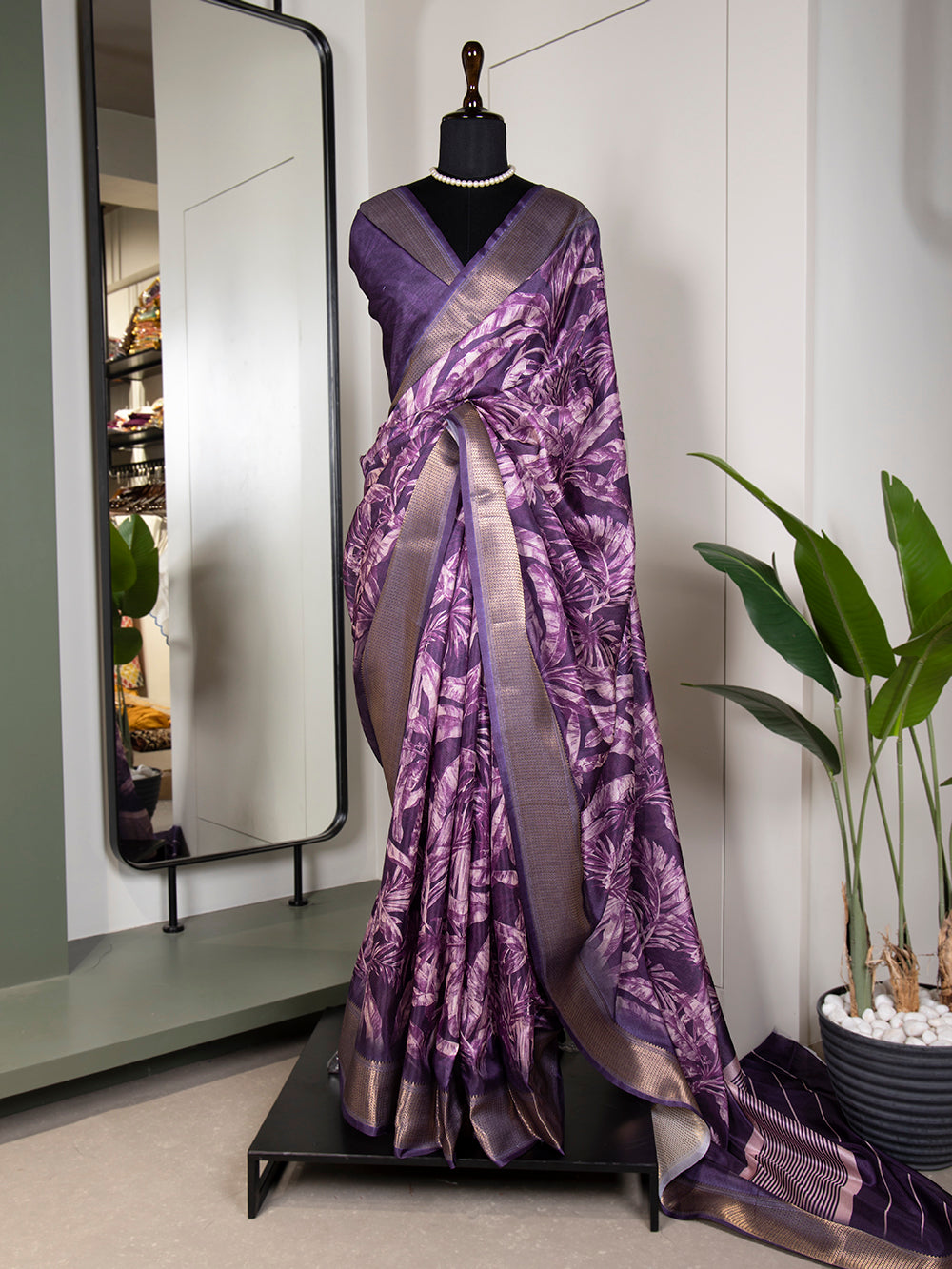 Purple Color Printed With Zari Border Dola Silk Saree