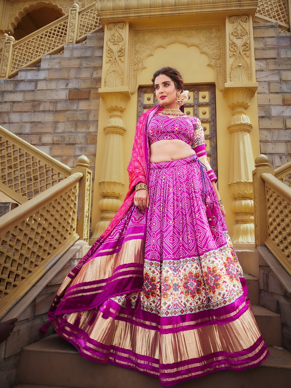 Purple Color Digital Printed gaji Silk Lehenga