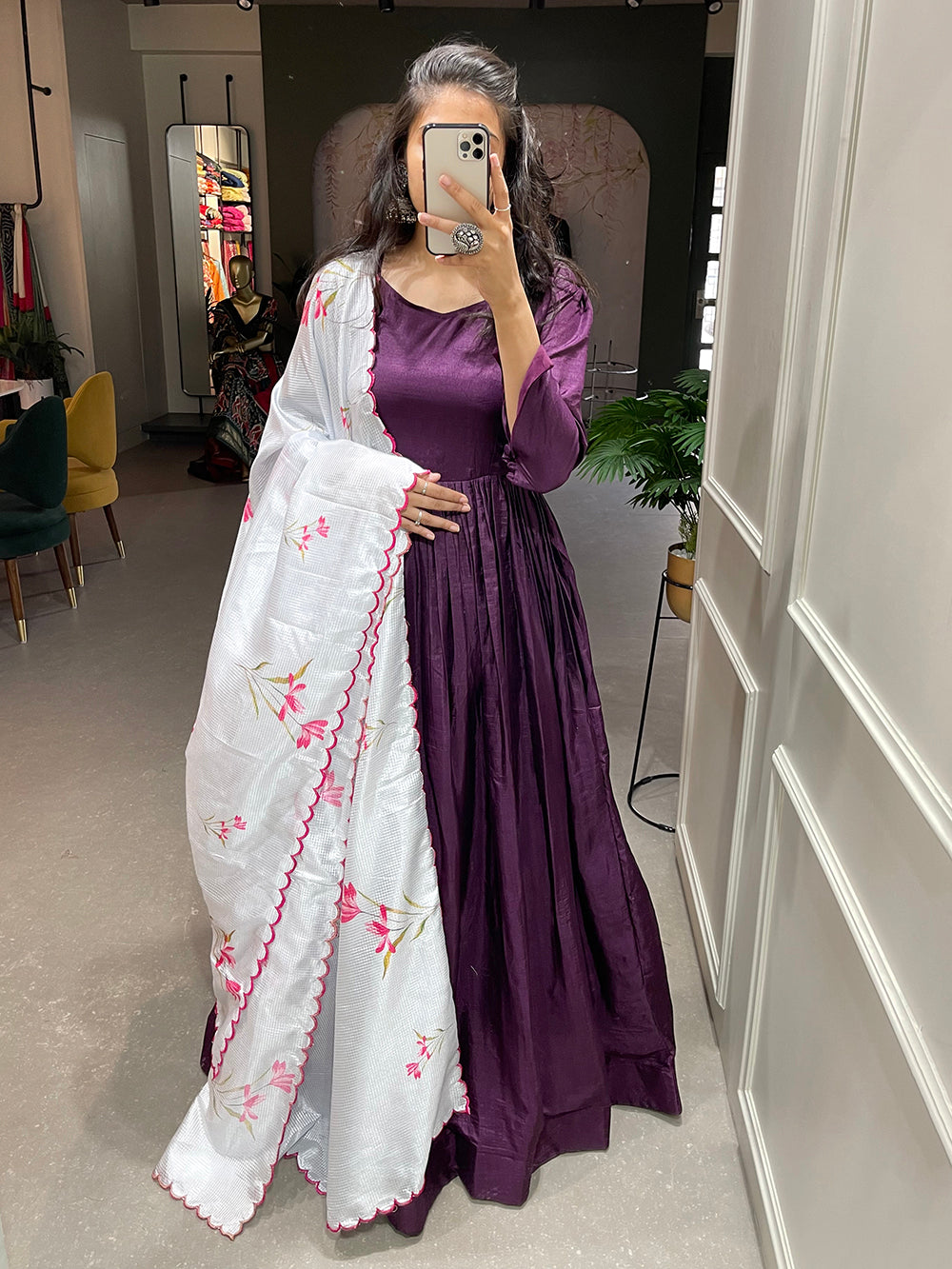 Purple Color Plain Dola Silk Gown