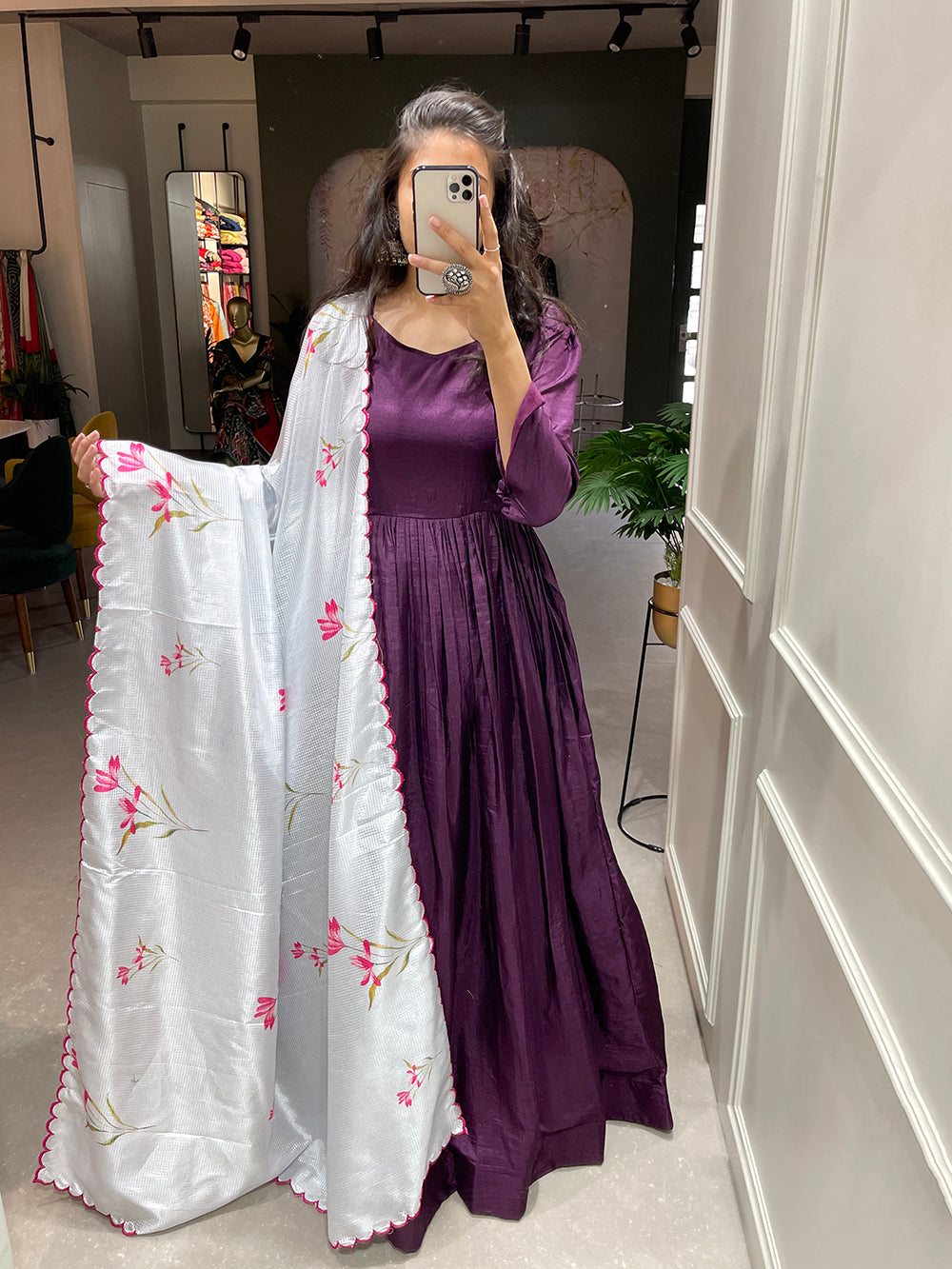 Purple Color Plain Dola Silk Gown