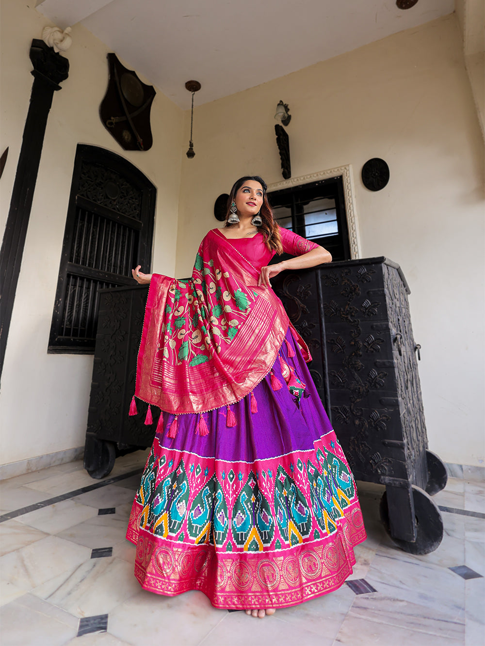 Purple Color Printed With Foil Work Dola Silk Lehenga Choli