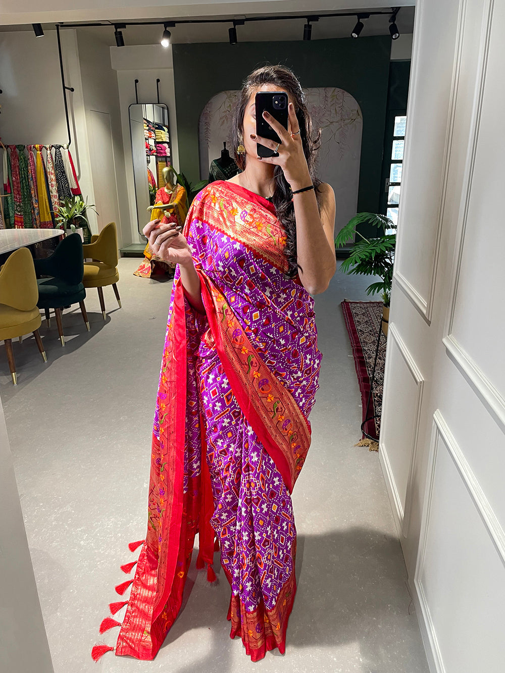 Purple Color Patola Paithani Printed with Foil Work Dola Silk Saree
