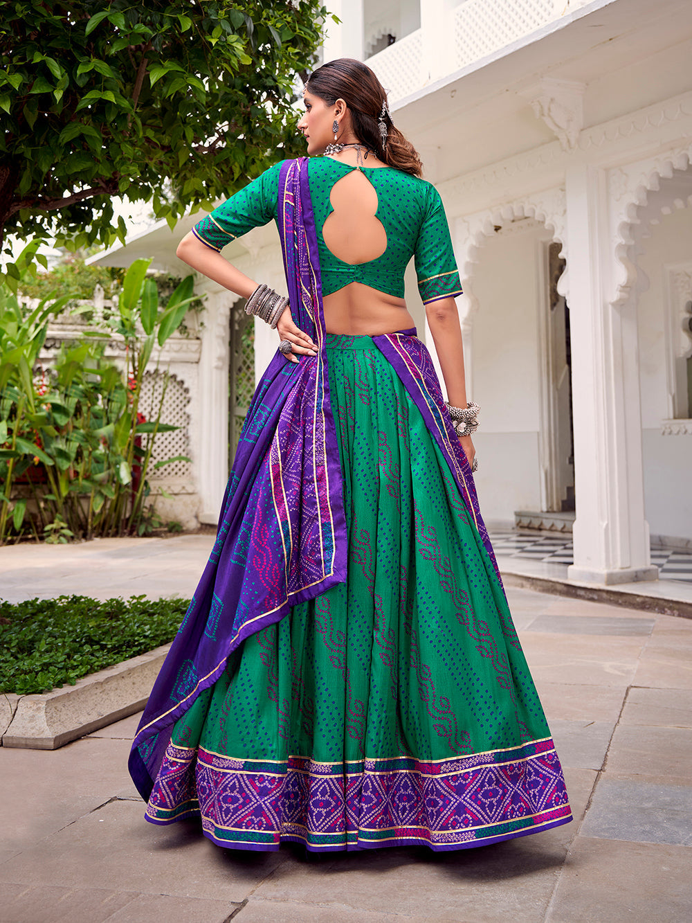 Green tasar silk bandhej print lehenga choli with gotta patti lace 4 meter flair