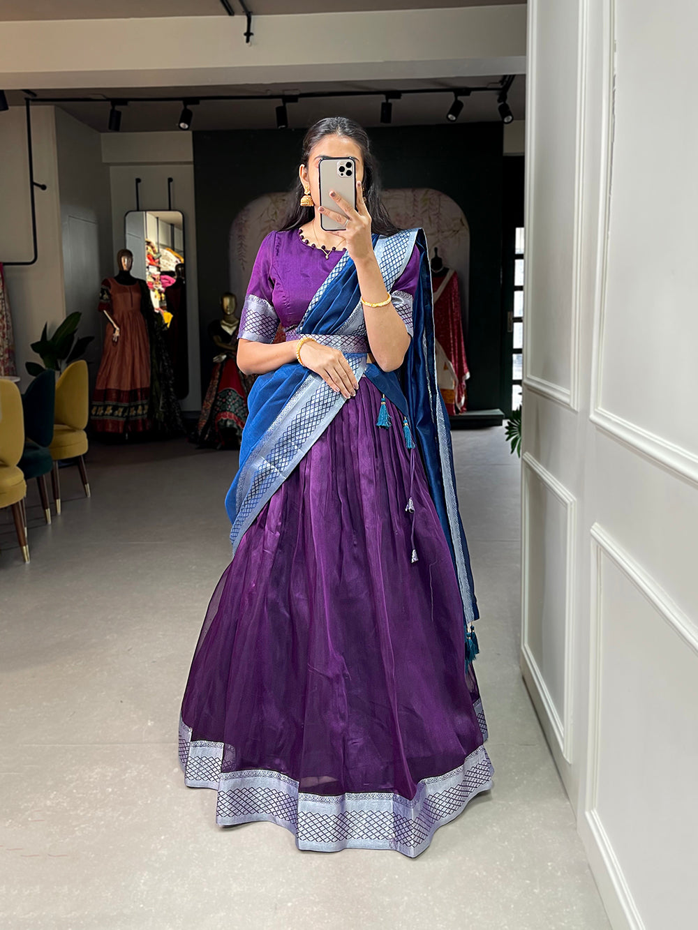 Purple Color Plain And Silver Viscose Chanderi Dupion Silk Semi Stich Half Saree Lehenga Choli