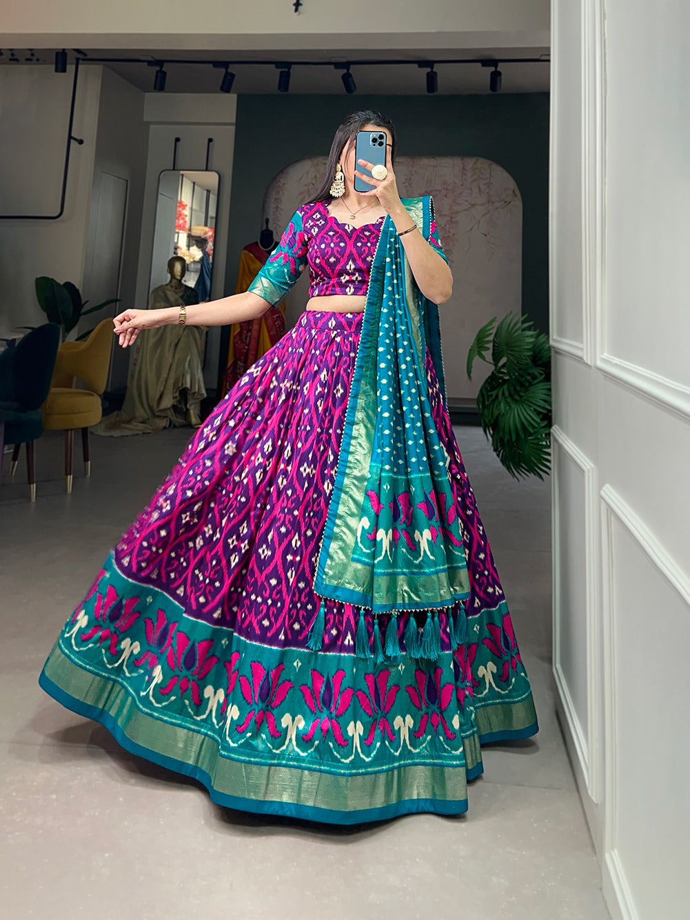 Purple Color Exuberant Dola Silk Lehenga Set with Stunning Foil Prints