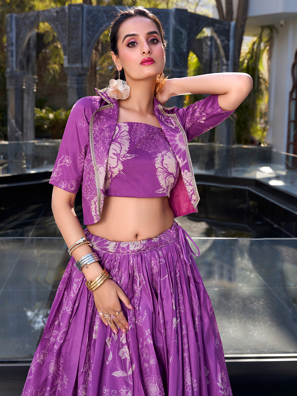 Purple tussar silk crop top lehenga choli with floral print elegance
