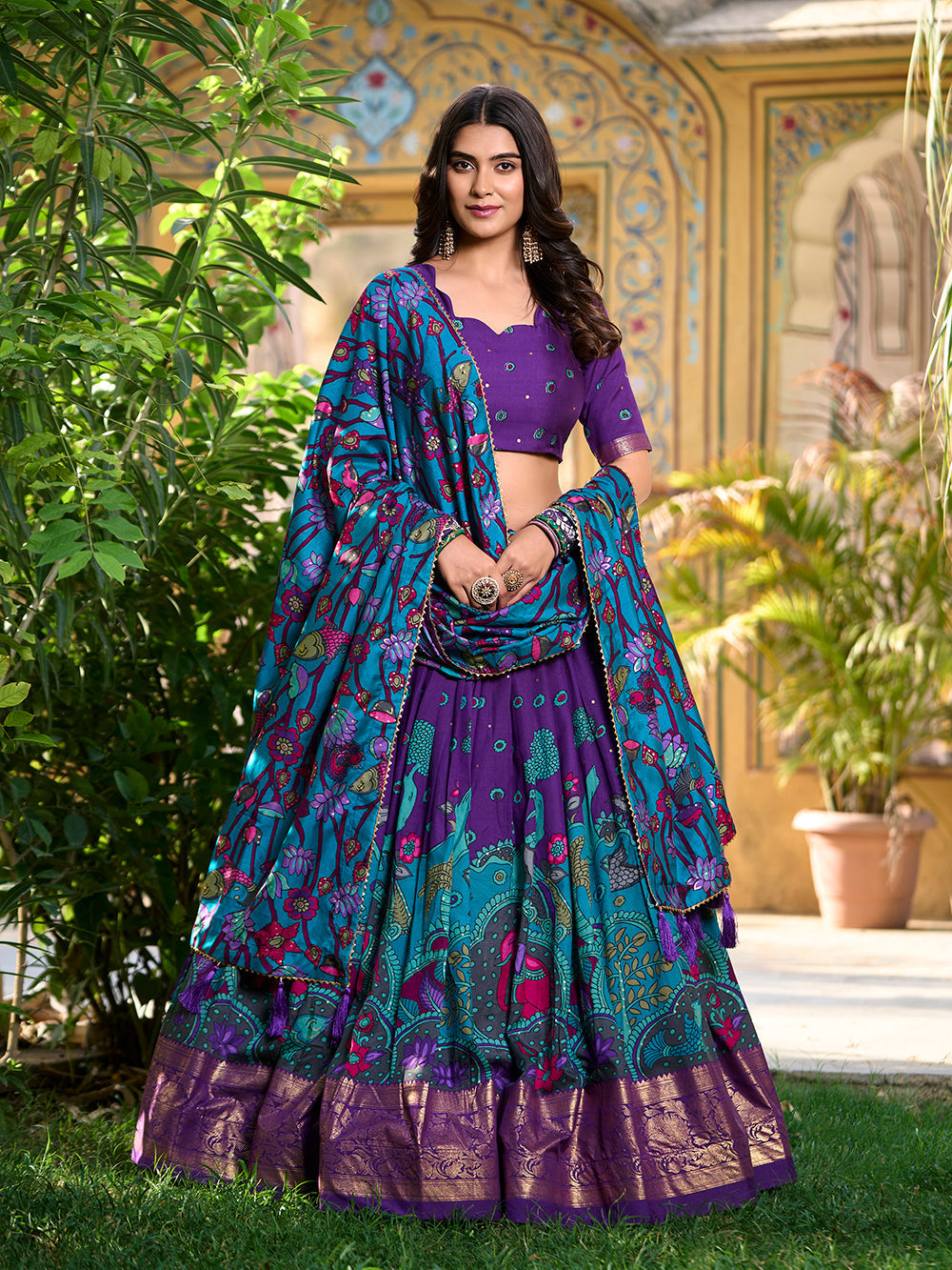 Purple color kalamkari print with foil work tasar silk lehenga choli