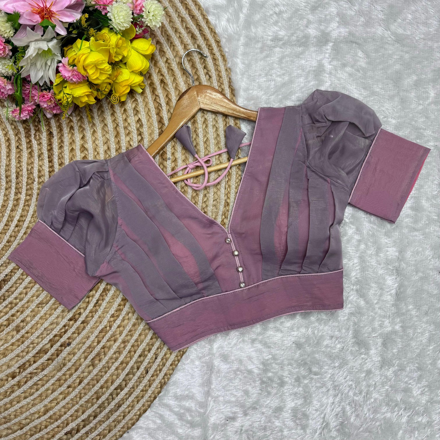 Purple Color Metallic Jari Blouse with Ruffled Pattern and Balloon Sleeves