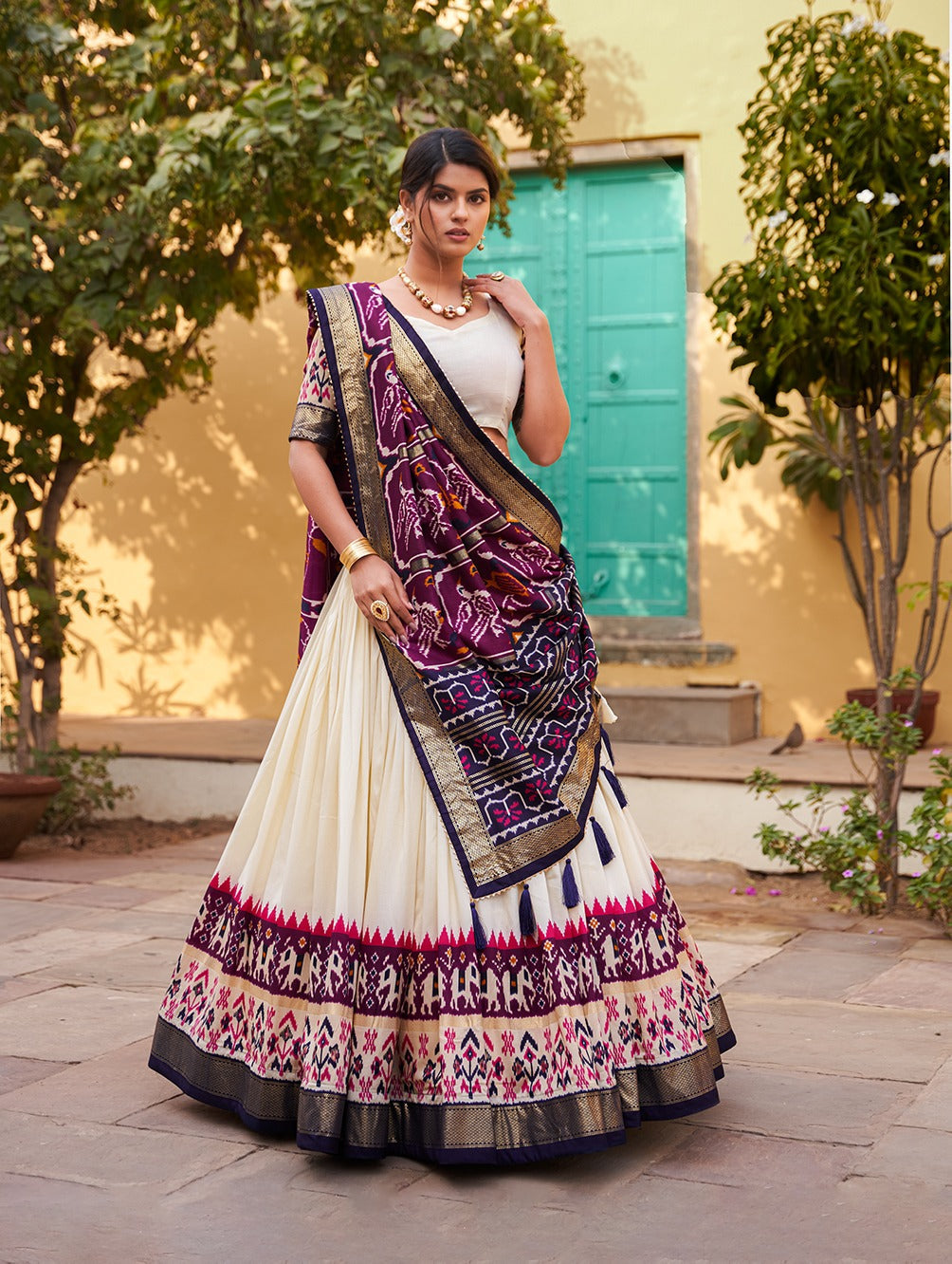 Purple Color Patola Print Tussar Silk Lehenga Choli with Foil Detailing