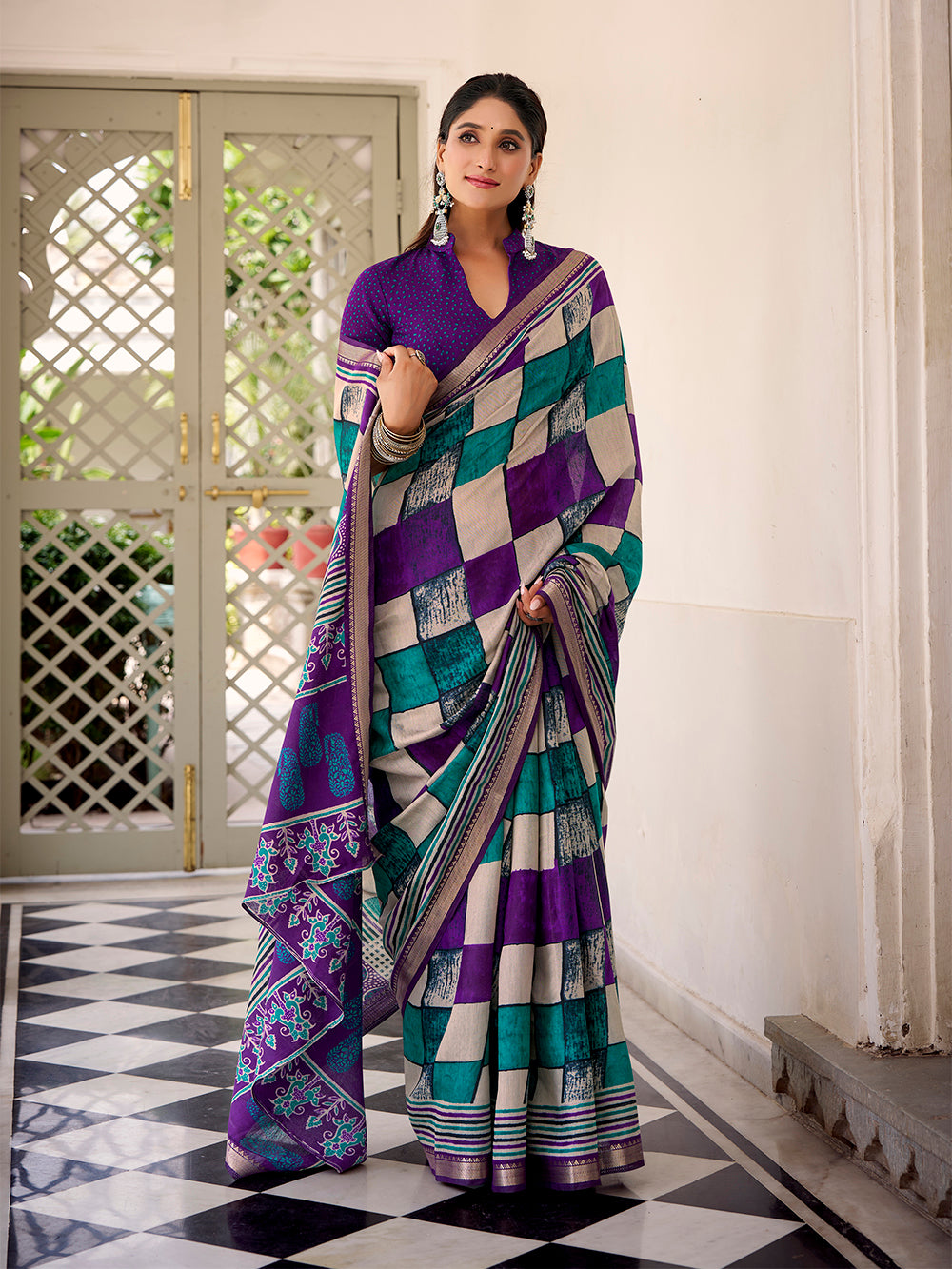 Purple viscose chanderi check print saree with temple lace border blouse piece