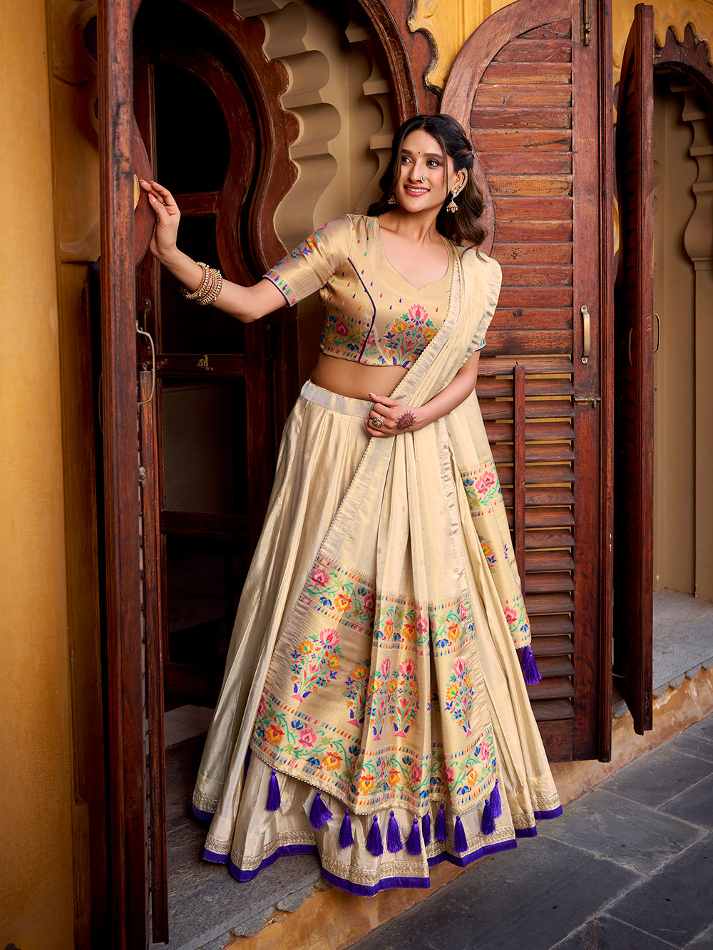 Purple color zari weaving work shimmer lehenga choli