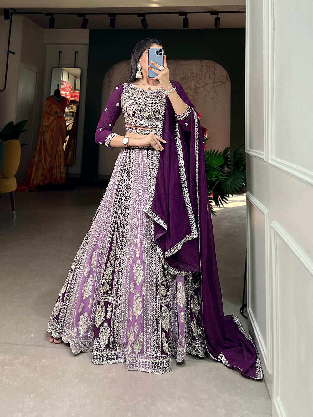 Purple Color Thread Embroidery And Jharkhand Diamond Work Georgette Lehenga Choli